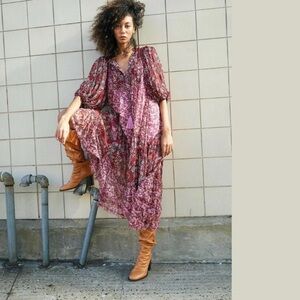 Free People Estelle Maxi Dress Duster Button Tiered Ruffle Wine in size-XS